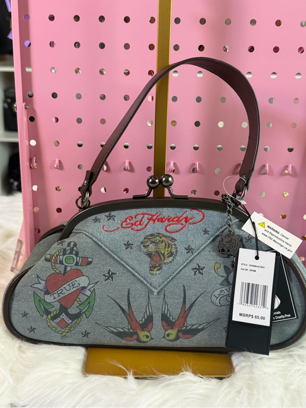 Ed Hardy Gray Denim Tattoo-Print Kiss-Lock Shoulder Bag